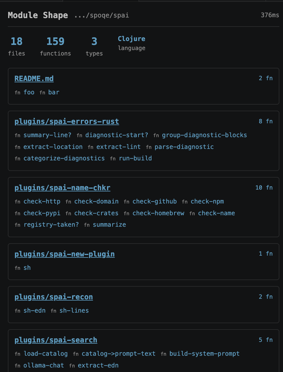 spai module shape in VS Code — files, functions, and public surface of a module